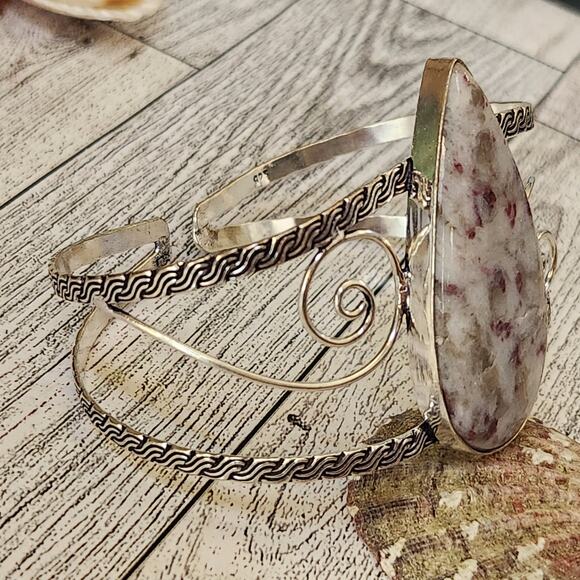 Wide Silver Cuff, Fire Whisper Cinnabrite Cuff Bracelet - Picture 2 of 9